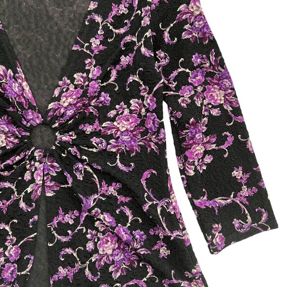 Vintage Y2K Floral Slinky Ring Deep Vneck Top Black Purple Small Disco Going Ou - Picture 6 of 13